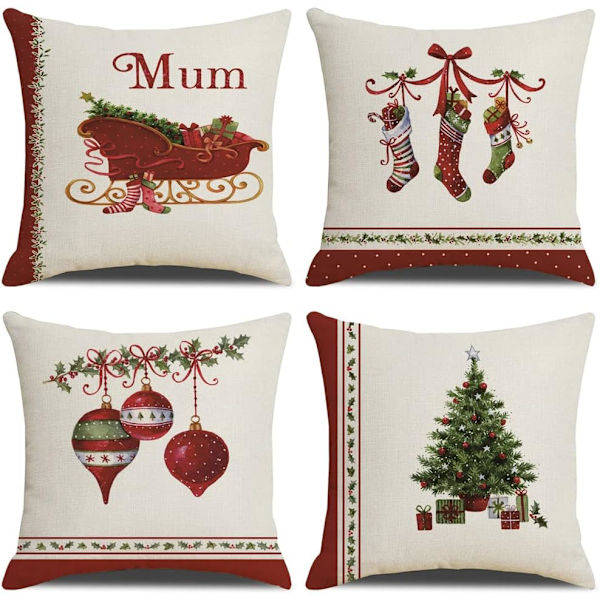 Juleputetrekk 45x45cm, 4-pak juledekorative sofa i bomull og lin Jule-God jul-dekorasjon