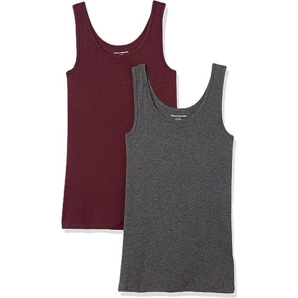 Slim-Fit Tank för kvinnor, paket med 2 Mångsidig T-shirt för damunderkläder Ärmlös sportlinne med rund hals, nederdel (stor)