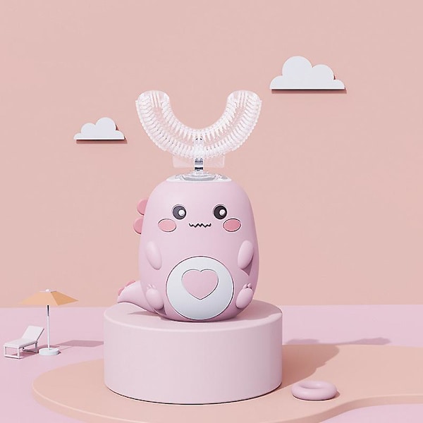 Automatisk Munrengöring Barn Elektrisk Tandborste Barn Enhet USB Laddning Sonic Söt Dinosaurie U-formad Pink-Basis Ages 2-6