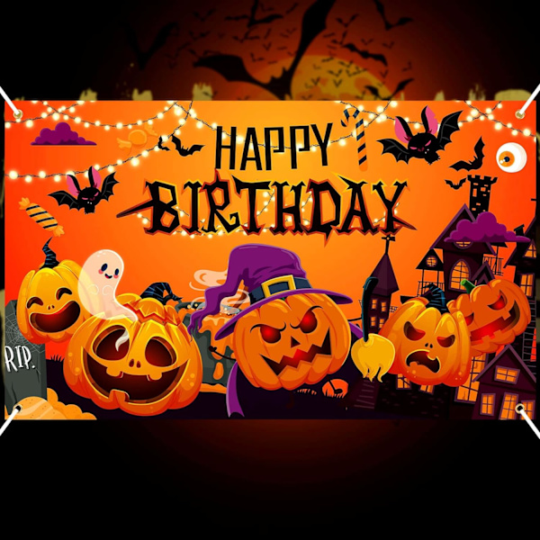 Halloween-syntymäpäiväjuhlan koriste Halloween-syntymäpäiväbanneri Hyvää syntymäpäivää Halloween-tausta Ulko- ja sisätilojen kodin sisustus, 35,4 x 59 tuumaa (lepakko)
