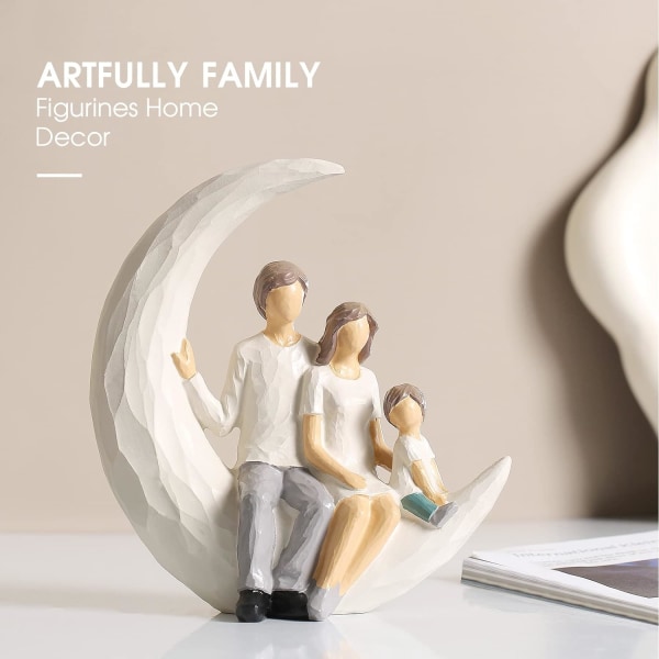 Familj med 3 figurer, handmålade föräldrar och barnstatyer, presenter till familjen, familjeskulptur för hyllinredning Skrivbordsrum i hemmet (Månfamiljen)