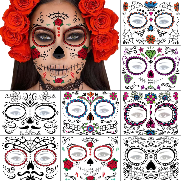 Day of the Dead Tatoveringer - Sæt med 8 Halloween Temporary Tattoo Stickers Día de Los Muertos Glitter Red Rose Skull Sukker Skull Fake