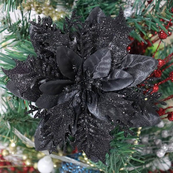 Heyone 12 kpl Joulukukat Poinsettiat, Tekokukat Joulukoristeet Joulukuuseen Talvijuhlan Seppelekoristeluun (Musta)