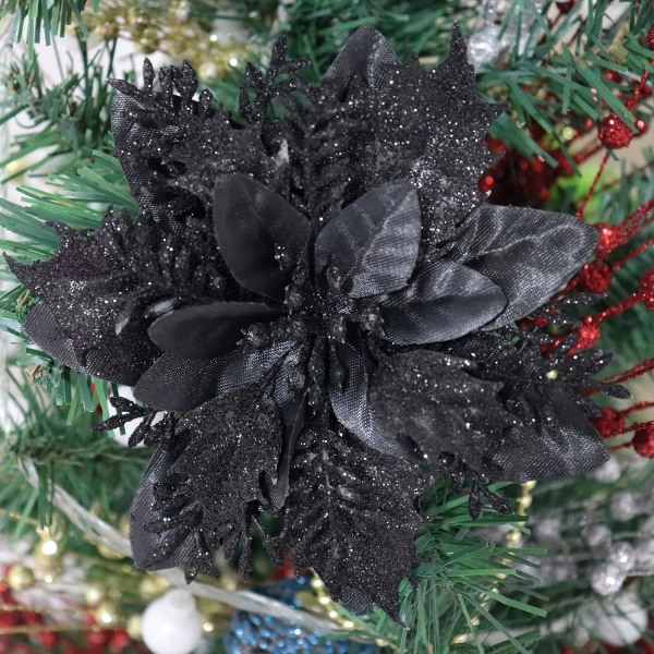 Heyone 12 st julstjärna konstgjorda julblommor Glitter jul julstjärna dekorationer för julgransprydnader (svart)