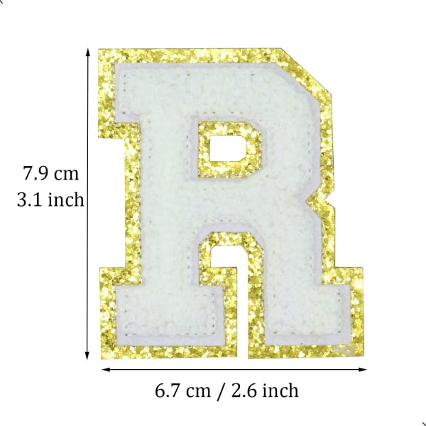 Engelska bokstaven R Stryk på reparationslappar Alfabetsömnad Applikationer Klädmärken, med guldglitterkant, självhäftande bakdekal（Vit R）RVit