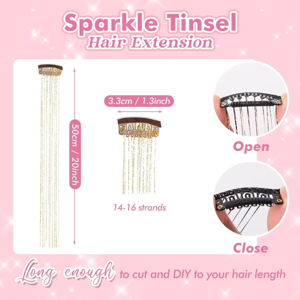 Clip in Hair Tinsel Kit, paket med 6 st Glitter Fairy Tinsel Hair Extensions 20 tums glänsande hår glitter Värmebeständigt (guld)