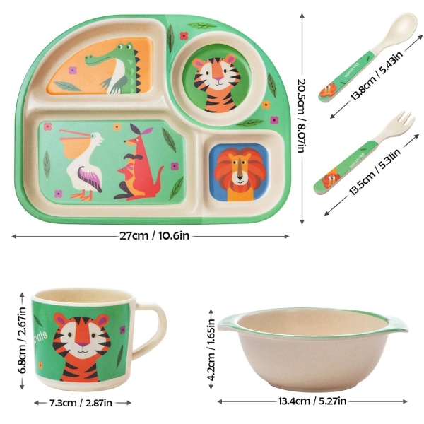 Bambus barnservis set, 5-delat barnservis set tiger, tallrik, skål, sked, gaffel, mugg, ålder