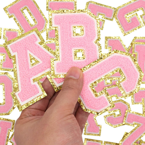 Engelske bogstav X stryge på reparationsplaster alfabet sy applikationer tøj badges, med guld glitter kant, klæbende bagside klistermærke（Pink X）XPink