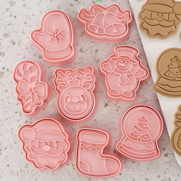 New Cartoon 8PC Snack Cookie Cutter Set, 3D Embossing Mold Cookie Cutter Molds for Cake Kids Birthday Party (8-Piece Christmas Cookie Mold Set1)