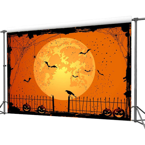 7x5ft Happy Halloween Orange Bakgrunn Halloween Eve BakgrunnHalloween Fest Lanterne Måne Flaggermus Edderkoppnett Gravplass Gjerde Fotografering