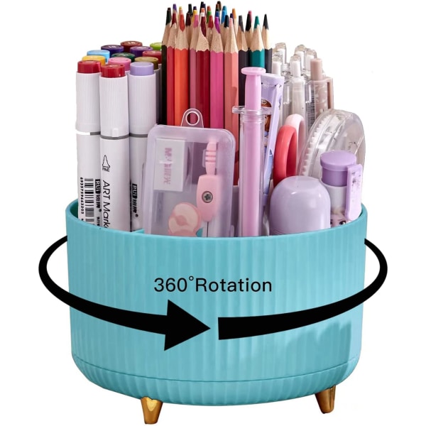 Pennhållare för skrivbord, pennhållare, 5 fack 360° roterande skrivbordsorganisatorer och tillbehör, söt pennkoppskruka (blå)
