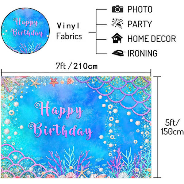 Sommar Lilla Sjöjungfrun Skalor Vattnet Sjöstjärna Pärlor Grattis På Födelsedagen Tema Fotografi Bakgrund 7X5FT Barn Vinyl