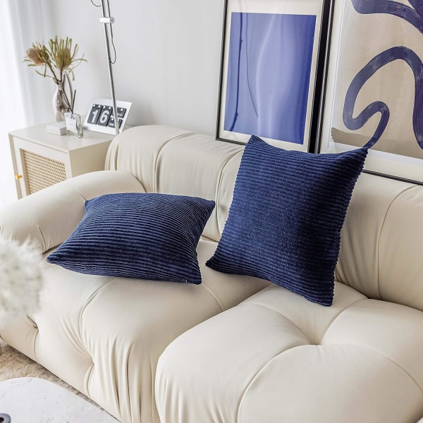 Blå Pudebetræk til Sofa Navy Dekorative Pudebetræk Sæt af 2 Stribet Plys Corduroy Sofa Bænk Soveværelse, 18x18 tommer, Navy Blå