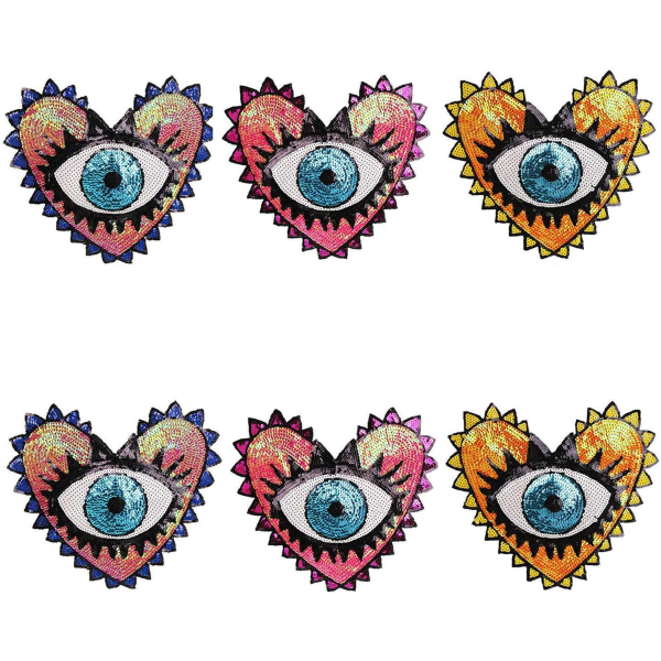 6 stk 13'' x 11,8'' Kærlighedsform Stor pailletter Hjerte Onde Øjne Motiv Applikation Patch Broderi til tøjtilbehør Stor størrelse (3 farver)