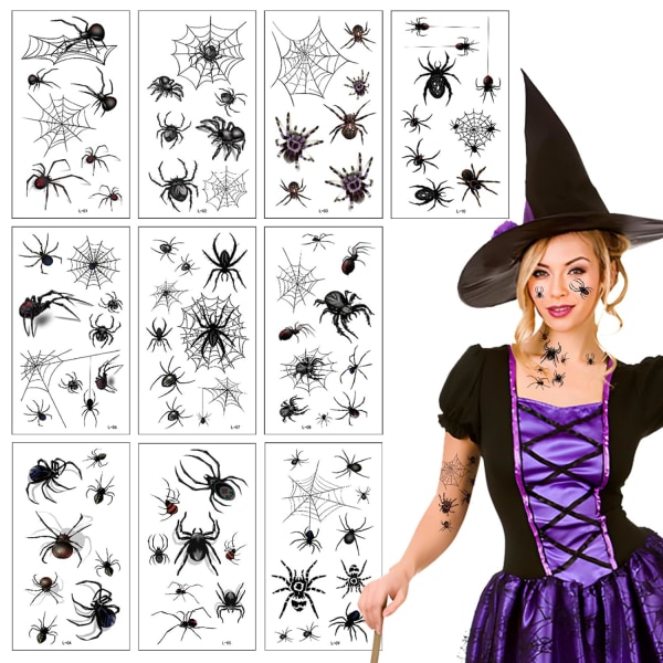 Spindel tillfälliga tatueringar, halloween ansikte spindel spindelnät tatuering Realistisk svart skräcksmink häxa, prankdekorationer (10 ark)