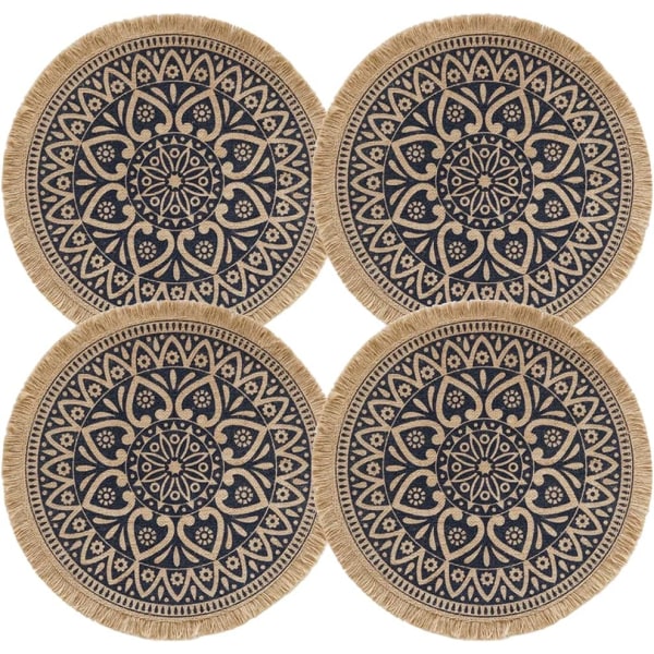 Set med 4 Boho vevde runde plassmatter Håndlagde bordmatter Vevd jute duskmatte Retro borddekor Frynser Bomullskaffe(Svart dusk)