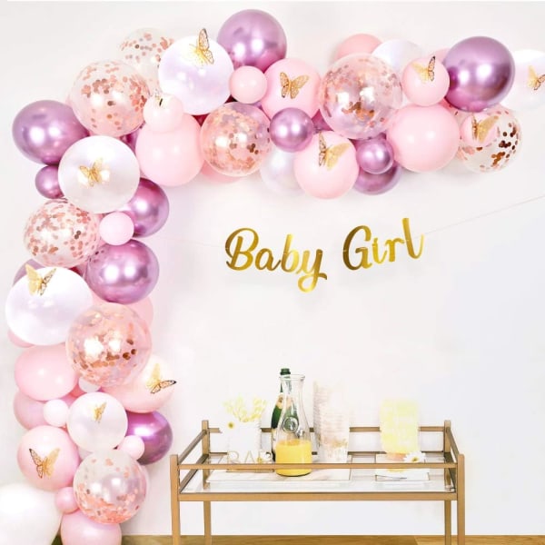Sweet Baby Co. Girl Butterfly Baby Shower Dekorationer för Girl Party Dekoration med rosa och lila lila, rosa guld ballonger dekoration