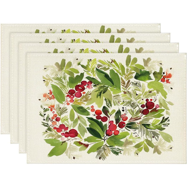 Vattenfärg Holly Jul Placemats Set om 4, 30,48 x 45,72 cm Säsongsbetonade Vinter Jul Semester Bordslöpare för Fest Kök Matrumsdekoration
