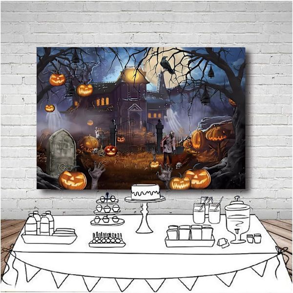 Halloween-teemainen valokuvaustausta 7x5ft Pelottava haamulinna Kuu Yö Pelottava Kurpitsa Lyhty Varis Valokuva Tausta Kauhulle