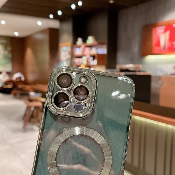 för iPhone 13 Pro Max Case Magnetic Clear med kameralinsskydd Fullt skydd MagSafe Elektropläterad silikon 6,7 tum - alpingrön