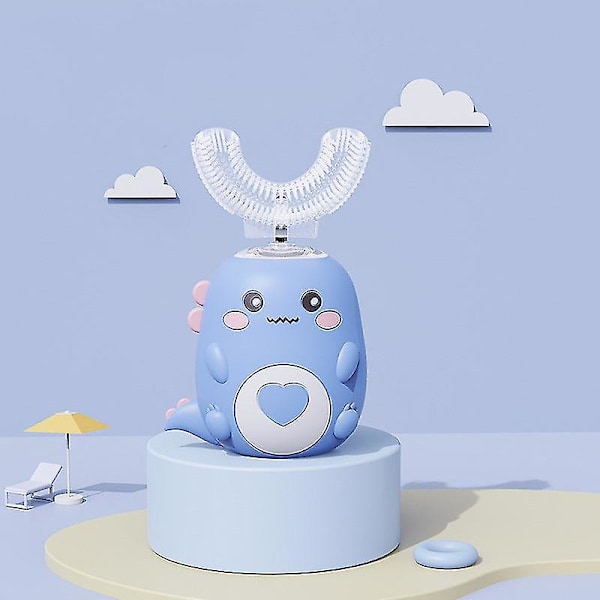 Automatisk Munrengöring Barn Elektrisk Tandborste Barn Enhet USB Laddning Sonic Söt Dinosaurie U-formad Blue-Basis Ages 2-6
