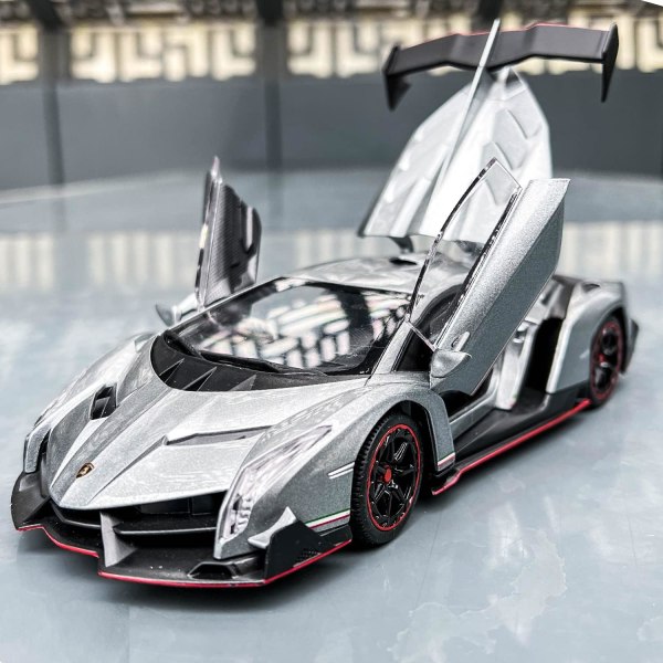 Diecastbil för Lamborghini Veneno modellbil 1/24 skala sportleksaksfordon dörr kan öppnas leksaksbil framhjul styrbar (grå)