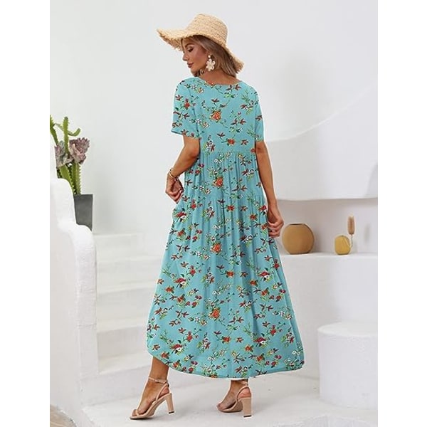 Kvinnor Casual Lösa bohemiska blommiga klänningar med fickor Kortärmad Summer Beach Swing Dress