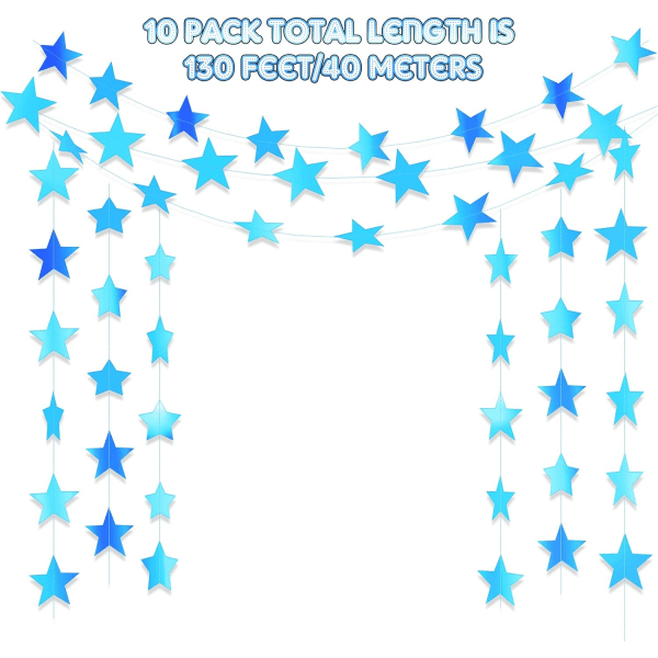 Glitter Star Garland Banner Decoration, 130 Feet Bright Gold Star Hanging Bunting Banner Backdrop (Holographic Blue)