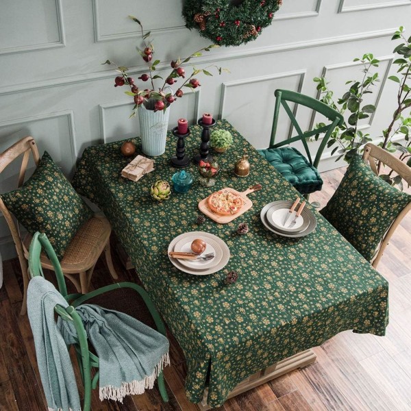 Snowflakes Pattern Christmas Tablecloths Cotton Linen Xmas and Holiday Print Table Cloth for Party Banquet Kitchen Dining Room (Green, 55x102 Inch)