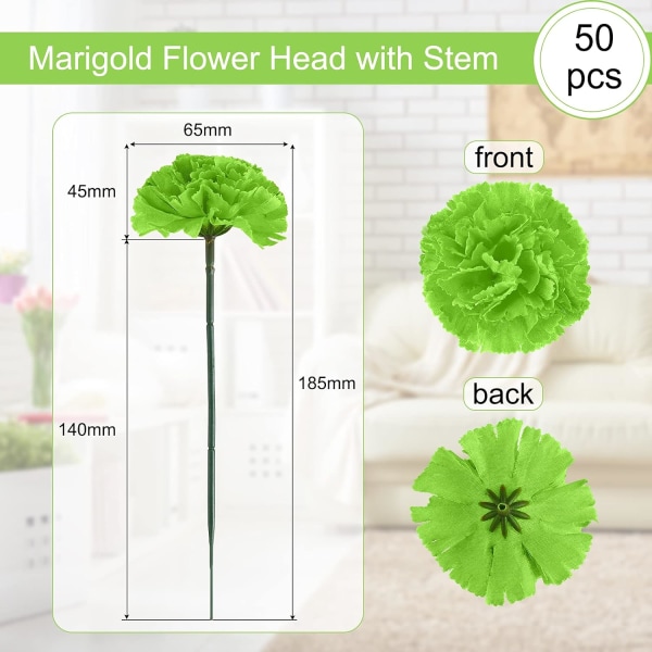 50 Pcs Marigold Flower Heads Bulk Artificial Flowers with Stems DIY Marigold Garland Day of The Dead Decoration Dia De Los (Green,2.4 Inch)