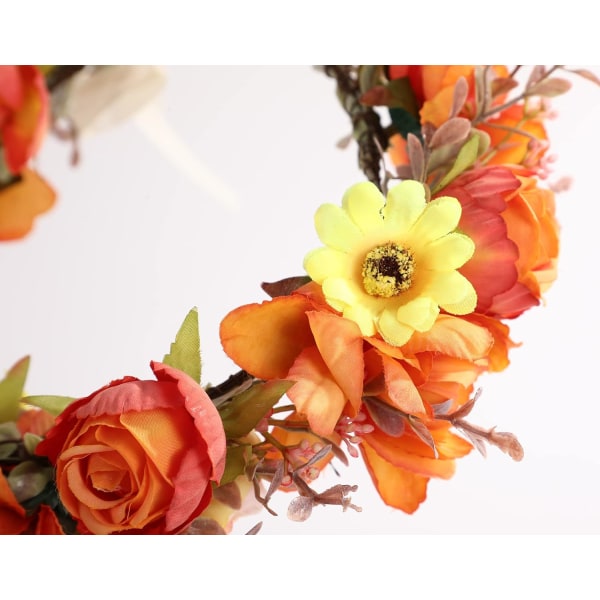 Kvinners blomsterkrone jente blomsterhodebånd hårkrans blomsterhodeplagg glorie boho med bånd bryllupsfest oransje