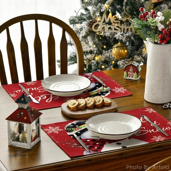 Röd snögubbe Låt det snöa Vinter bordstabletter Set med 4, 30,48 x 45,72 cm Säsongsbunden julbordslöpare för fest Köksmatsal dekoration