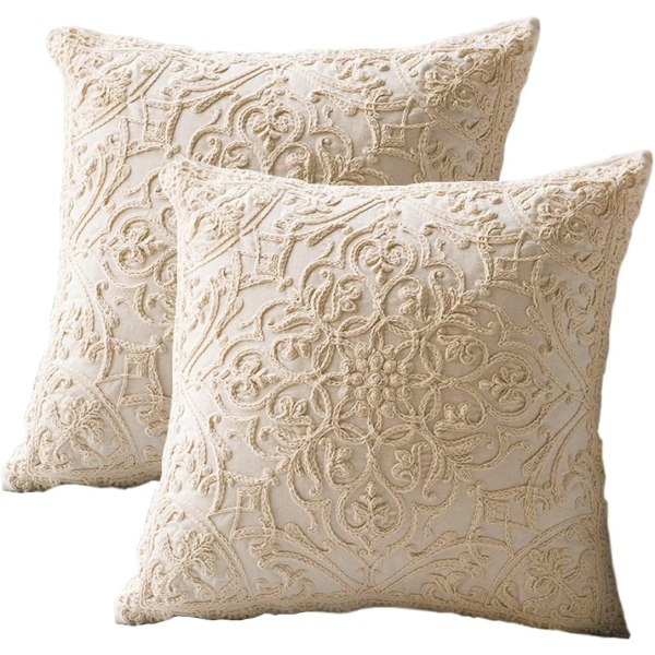 Set med 2 bomullslinbroderi dekorative putetrekk putevar for sofa soverom geometrisk mønster putetrekk 18 x 18 tommer beige