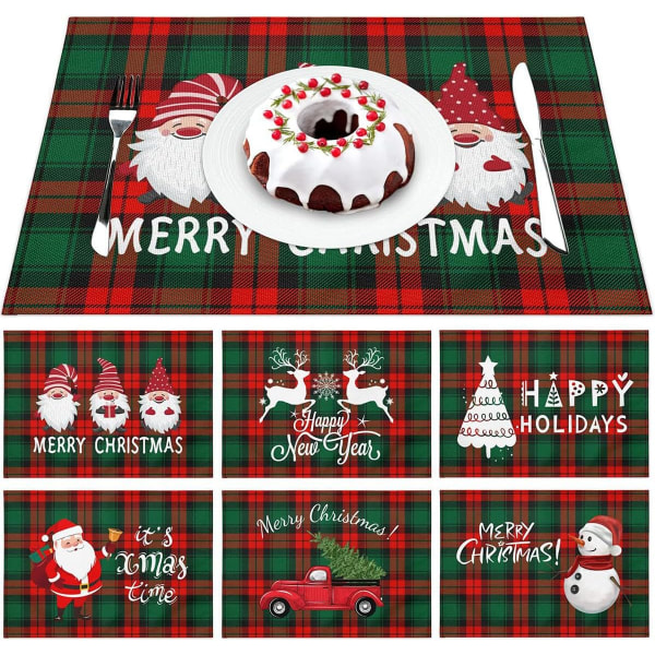 Sæt med 6 juledækkeservietter, røde og grønne plaid juledækkeservietter 30,48 x 45,72 cm til spisebord, juledækkeservietter (grøn og rød)