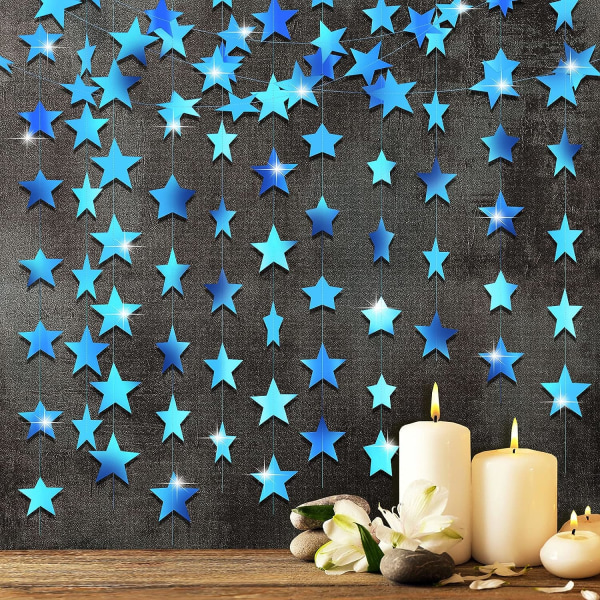 Glitter Star Garland Banner Decoration, 130 Feet Bright Gold Star Hängande Bunting Banner Backdrop (holografisk blå)