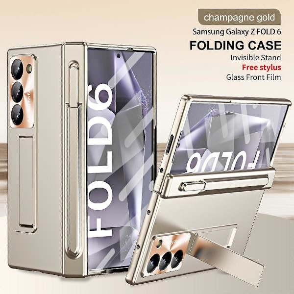 Magnetiskt vikbart slimmat telefonfodral med gångjärn för Samsung Galaxy Z Fold 6 med inbyggt skärmskydd & stativ & gratis stylus Gold