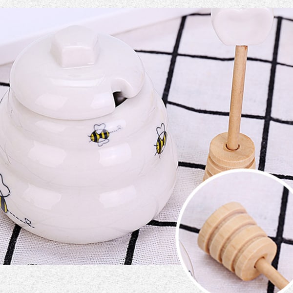 Keramisk honningkrukke med træbænk，porcelænshonningkrukke med låg og honningpind, keramisk honningkrukke