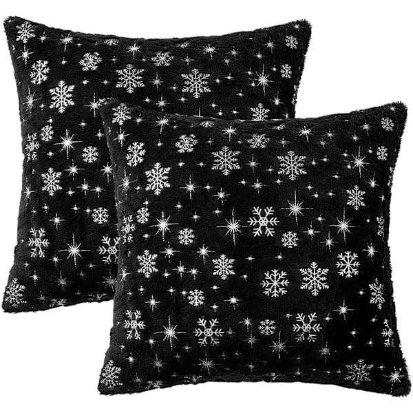 Set med 2 dekorativa julöverdrag i mjuk konstgjord päls med silverglittrande snöflingor, 18 x 18 tum