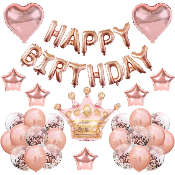Rose Gold Birthday Party Dekoration Kit - HAPPY BIRTHDAY Ballongbanner, Kronballong, Femuddig Stjärnballong, Love-heart Balloon Birthday Party