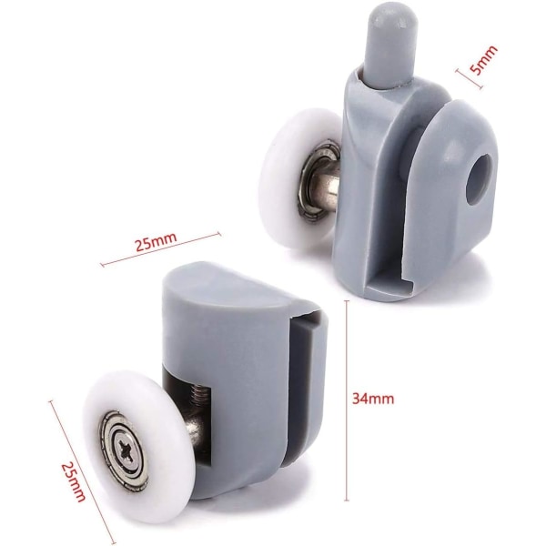 8 stk. x brusehjul til brusedøre (4x øverste + 4x nederste + skrue + dæksler), brusehjul / løbere / hjul / remskiver / føringer 23 mm diameter