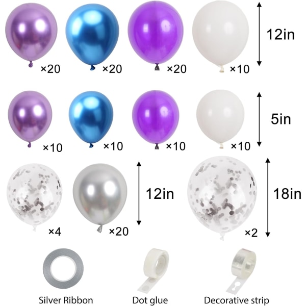 136 st blå och lila ballonger Arch Garland Kit, 18/12/5 tum metalliska blå festballonger set Silverkonfetti latexballonger