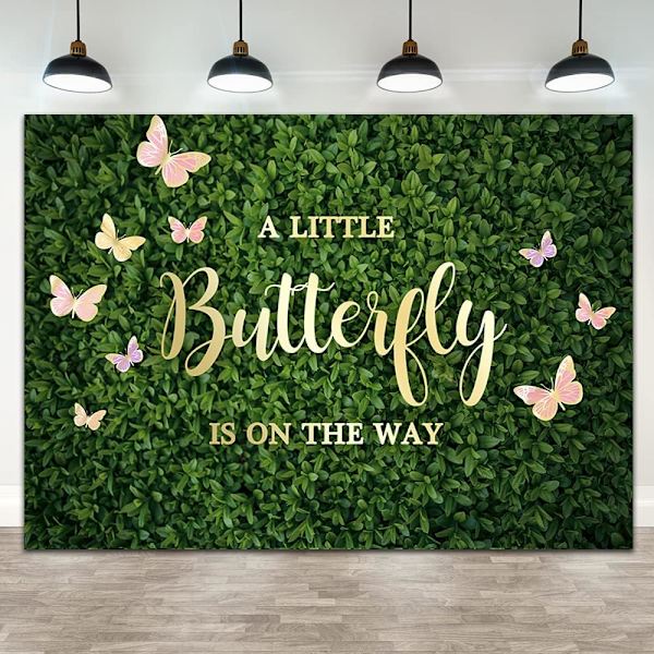 7×5ft Grønt Sommerfugl Bakgrunn En Liten Sommerfugl Er På Vei Baby Shower Fotografering Bakgrunn Grønne Blader