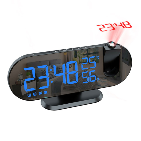 Digital väckarklocka för projektion, LED-spegelklockor vid sängen Radio med 180° projektor, dubbla larm, USB laddare-blå