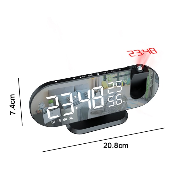 Digital väckarklocka för projektion, LED-spegelklockor vid sängen Radio med 180° projektor, dubbla larm, USB laddare-vit