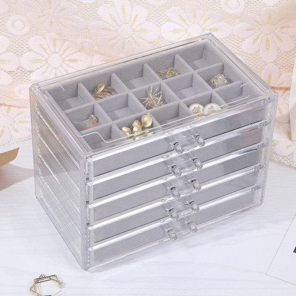 Earring Jewelry Organizer with 5 Drawers, Birthday and Mother's Day Gift,Velvet Earring Display Holder for Earrings Ring Bracelet Necklace, Gray