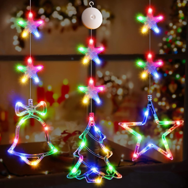 3 stk julevinduslys dekorasjoner, batteridrevet julevindu hengende flerfarget opplyst treklokke Stjerneformet LED sugelampe