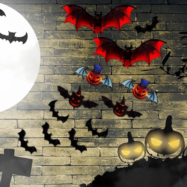 12 kpl Halloween-lepakkoseinäkoristetta 3D-stereoskooppiset lepakkotarrat Halloween-koristeet Uudelleenkäytettävät itseliimautuvat värikkäät lepakkotarrat