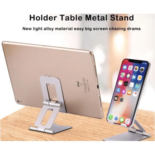 Dobbel sammenleggbar mobiltelefonstativ i aluminium | Bordholder med justerbart stativ Lazy Bracket for iPhone, Samsung, Android, nettbrett, iPad (gull)