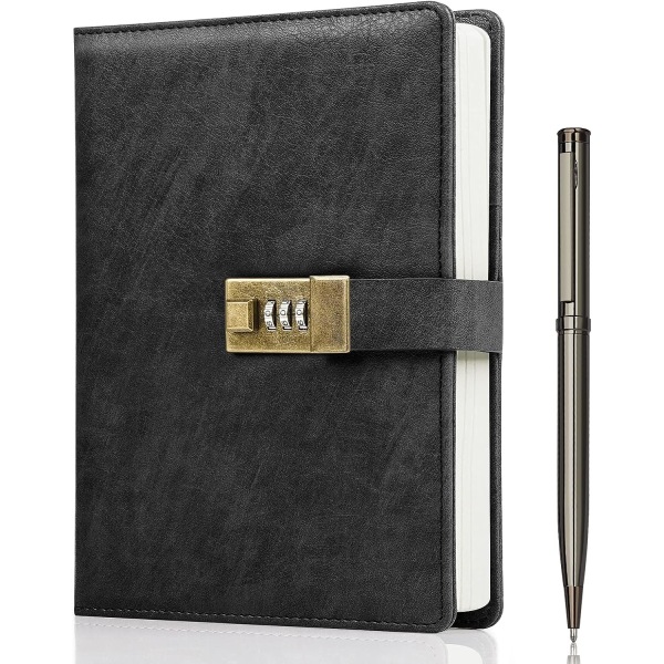 Dagbog med lås, A5 PU læderjournal med lås 240 sider, Vintage låsejournal adgangskodebeskyttet notesbog med pen & gaveæske, 8,6x5,8in