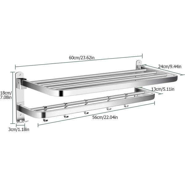 60cm Foldbar Dobbelt Lag Håndklædeholder Rustfrit Stål Væghængt Håndklædeholder Multifunktion Håndklædehylde med 5 Kroge  60 x 24 x 18 cm